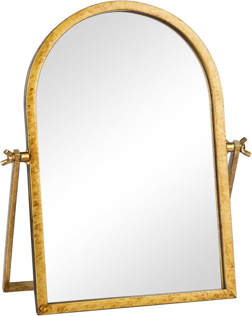 Vintage Makeup Desk Mirror, 11.8" L x 7.9" W Antique Gold Vanity Table Mirror, Metal Framed Arched Small Standing Mirrors, 360 Adjustable Rotation Mirrors for Tabletop, Bathroom