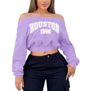 LovelyWholesale Women Off the Shoulder Sweatshirt Graphic Crop Tops Long Sleeve Shirts Neon Pink Medium (Pink, M)