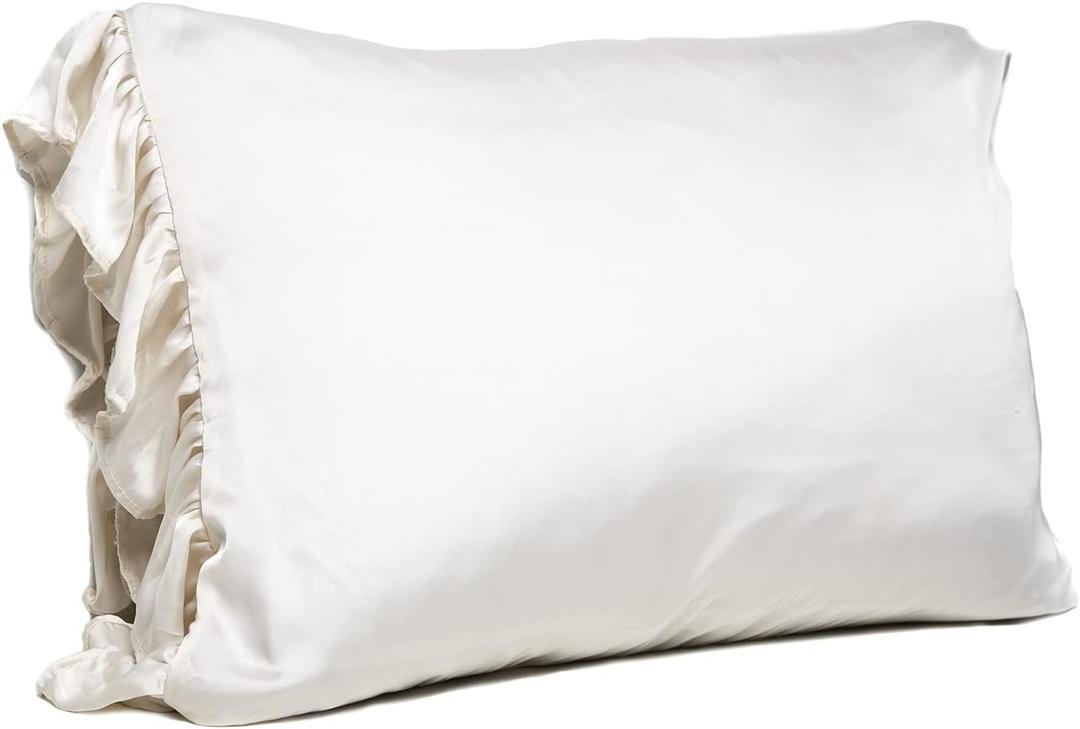 Satin Pillowcase for Hair and Skin with Zipper Closure and Ruffle Trim Goodnight Gorgeous Collection, Standard Size, Cream