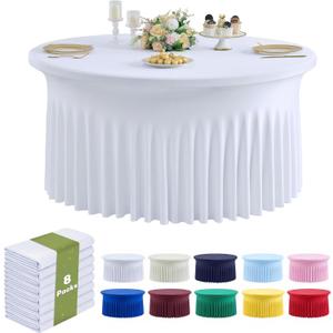 Outpain 8 Pack White Round Spandex Tablecloths for 60in/5FT Tables, 120Inch Stretchy Fitted Round Table Clothes,Wrinkle Free Table Cover with Skirt for Wedding Party Dining Banquet