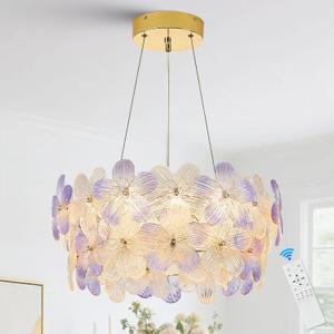 Modern Purple Flower LED Chandelier 20'' Gold Elegant Crystal Lighting for Dining Room Dimmable Ceiling Pendant Light Fixture with Remote Control for Entryway Bedroom Kitchen(3000K-6500K)