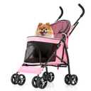 MoNiBloom 4 Wheels Pet Stroller, Easy-Fold Puppy Cage Jogger Stroller with Sun Cover, Pad and Rear Storage Bag, Breathable and Visible Mesh for Small/Medium Pets up to 22 lbs, Pink