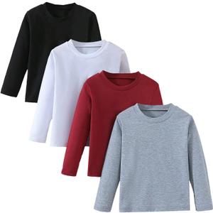 4 Pieces Boys Long Sleeve Crewneck Tee T-Shirt Casual Tops Solid Color Kids T Shirts 4-7 Years