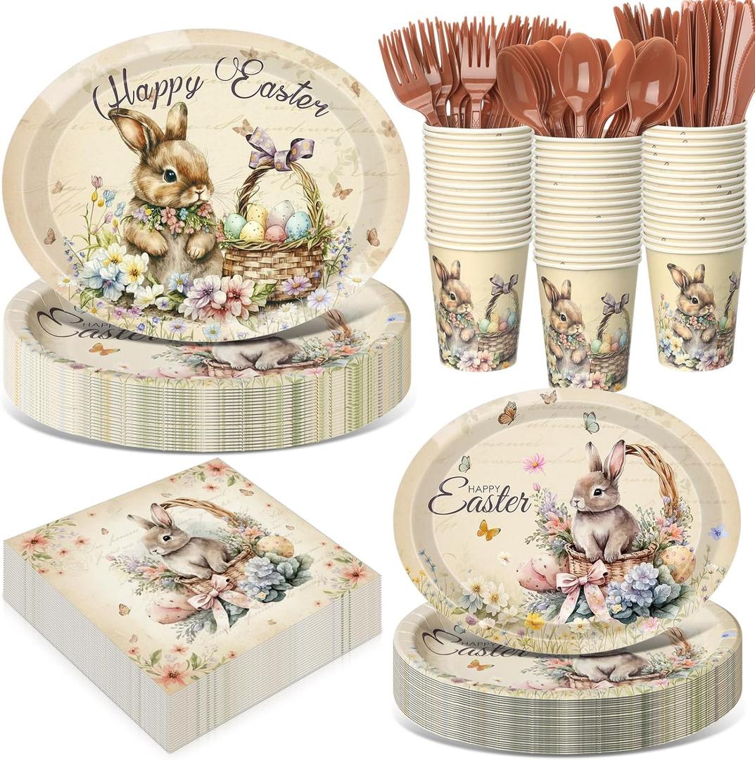 Pajean 350 Pcs Easter Bunny Oval Paper Plates Set with 12 Inch Disposable Vintage Easter Oval Plates and Napkins Bunny Flower Eggs Heavy Duty Dinnerware for 50 Guests Picnic Spring Party Supplies