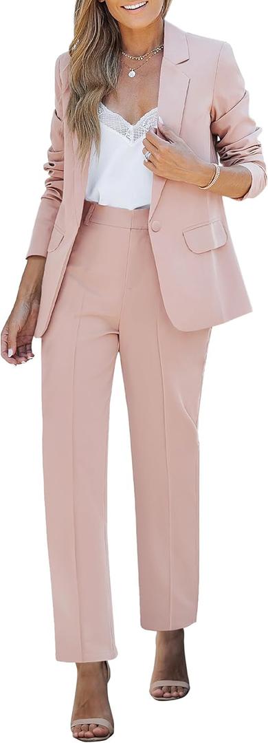luvamia Women's Two Piece Sets Pants Suits Dressy Business Casual Outfits Professional Blazer Pantsuits Set Work Office (Color: Pink) (Size: XL)