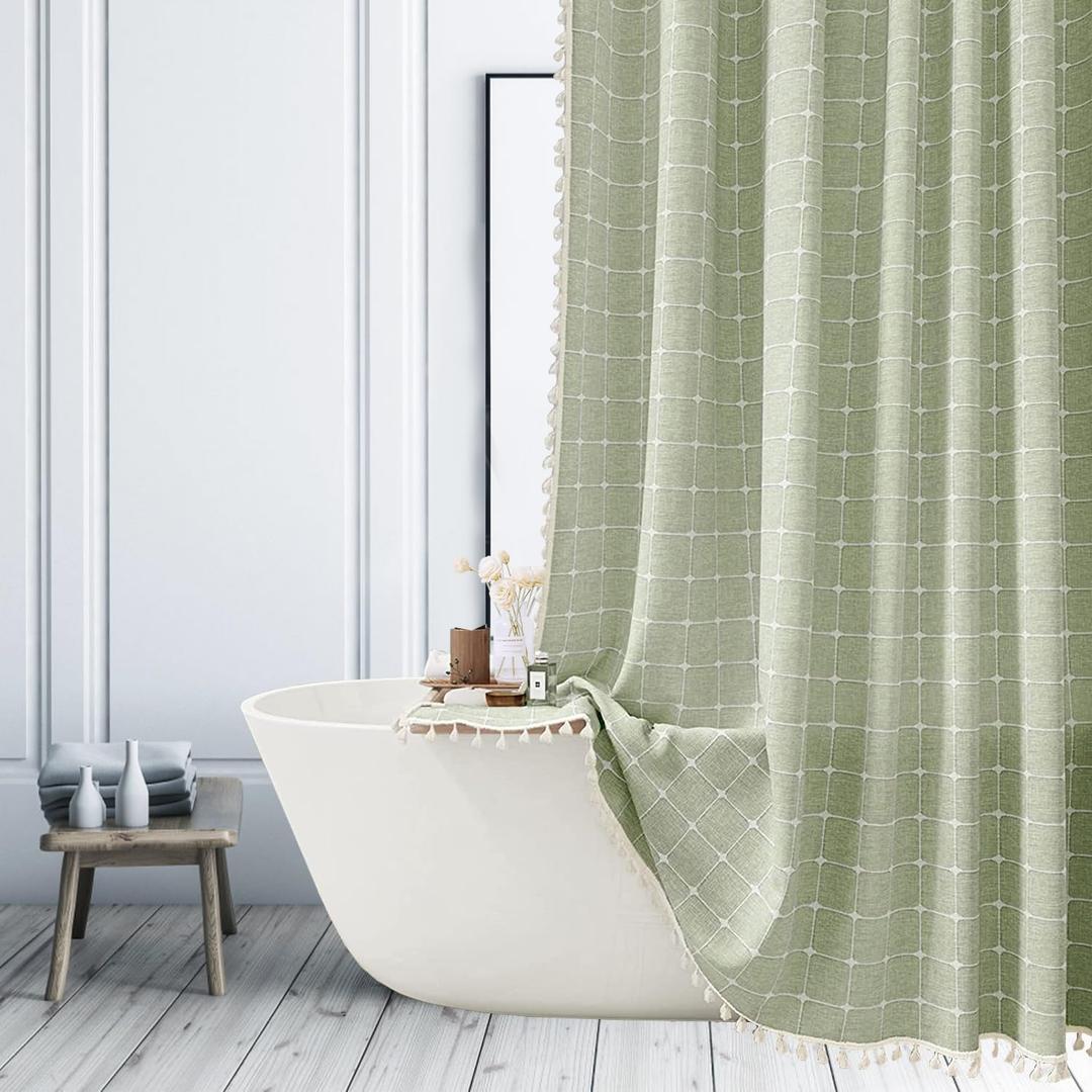Sage Green Striped Shower Curtain - Farmhouse Boho Linen Fabric Shower Curtains for Bathroom, Bohemian Cute Thick Bathroom Curtain Set with Tassel - Bohemian Cloth Shower Curtain Long 71x79 Inch