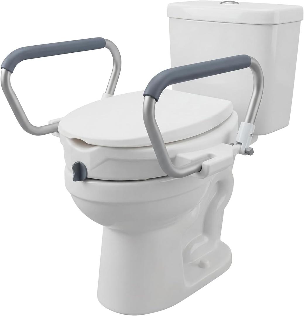 2-in-1 Toilet Seat Riser with Lid and Flip-Up Padded Arms, Raised Toilet Seat with Handles for Seniors, Elderly & Disabled, Secure Locking, Height Assistance Safety Support for Standard Toilets