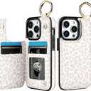 HAOPINSH for iPhone 14 Pro Wallet Case with Card Holder, White Leopard Cheetah Print Back Flip Folio PU Leather Kickstand Card Slots Case, Finger Grip Ring Double Magnetic Clasp Shockproof 6.1"