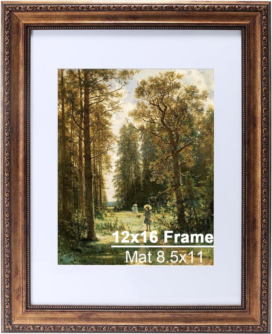 12x16 Vintage Gold Picture Frame, Ornate Victorian Frames for Gallery Wall or Tabletop with Real Glass, Display Art 8.5x11 with Mat or 12x16 without Mat for Antique Dco