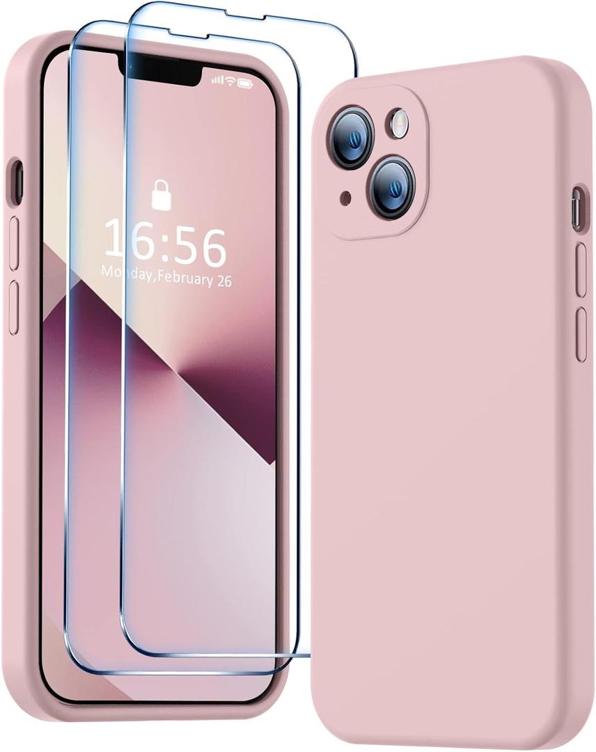BossKiss Compatible with iPhone 14 Case, Silicone Upgraded [Camera Protection] [2 Pcs 9H Screen Protector], Soft Anti-Scratch Microfiber Lining, 6.1 inch, Pink Sand