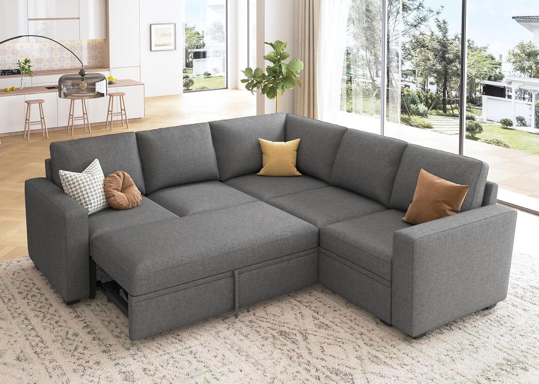 HONBAY Sectional Sleeper Sofa with Pull Out Bed, L Shaped Couch with Storage Seat, Modular Sectional Couches for Living Room, Dark Grey