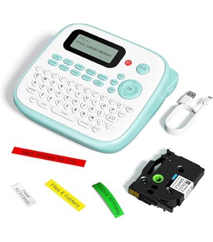 Label Maker Machine with Tapes Bundle, Blue Label Maker Waterproof-Labels, Desktop Labeler Machine with 4PK Tapes Laminated White for Home Kids School Items, Keyboard Labeler with 16 Fonts 800+ Icons