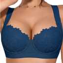 OYOANGLE Women's Push Up Lace Bras Underwire Adjustable with Wide Strap Lingerie Shaping Support Sexy Bras (Blue, 40B)