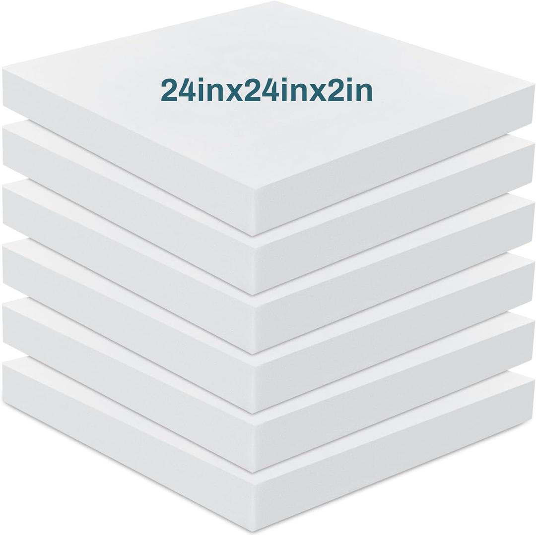 Frienda 6 Pack 2" X 24" X 24" Upholstery High Density Foam Cushion White Square Seat Replacement Cushion or Commercial Use Stuffing Craft Foam Couch Chair Padding DIY Projects