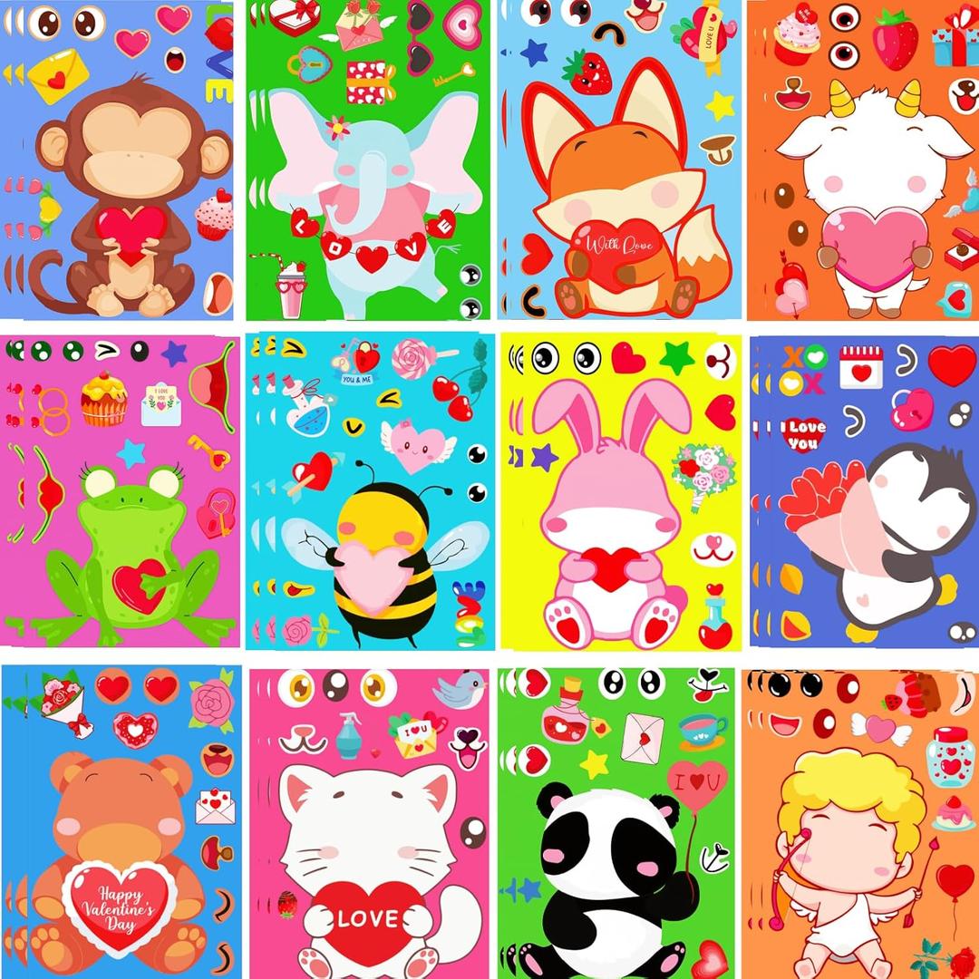 48 Sheets Valentine Stickers Crafts for Kids, Make a Face Sticker for Valentine's Day Activities Toddlers Kids Classroom Goodie Bag, DIY Valentine's Animal Stickers for Party Favors Decorations