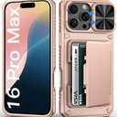 BXYJY for iPhone 16 Pro Max Phone Case Wallet, Built-in Card Holder (4-5 Cards), Slide Camera Cover & Military Grade Protection, Rugged Women Girly Men Protective Case for iPhone16 Pro Max, Rose Gold
