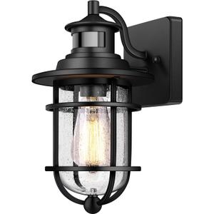 Motion Sensor Outdoor Wall Lantern Dusk to Dawn Waterproof Exterior Wall Sconce with Seeded Glass Black Wall Mount Light Fixture for Porch Doorway Garage, E26 Socket, Motion Activated (1 Pack)