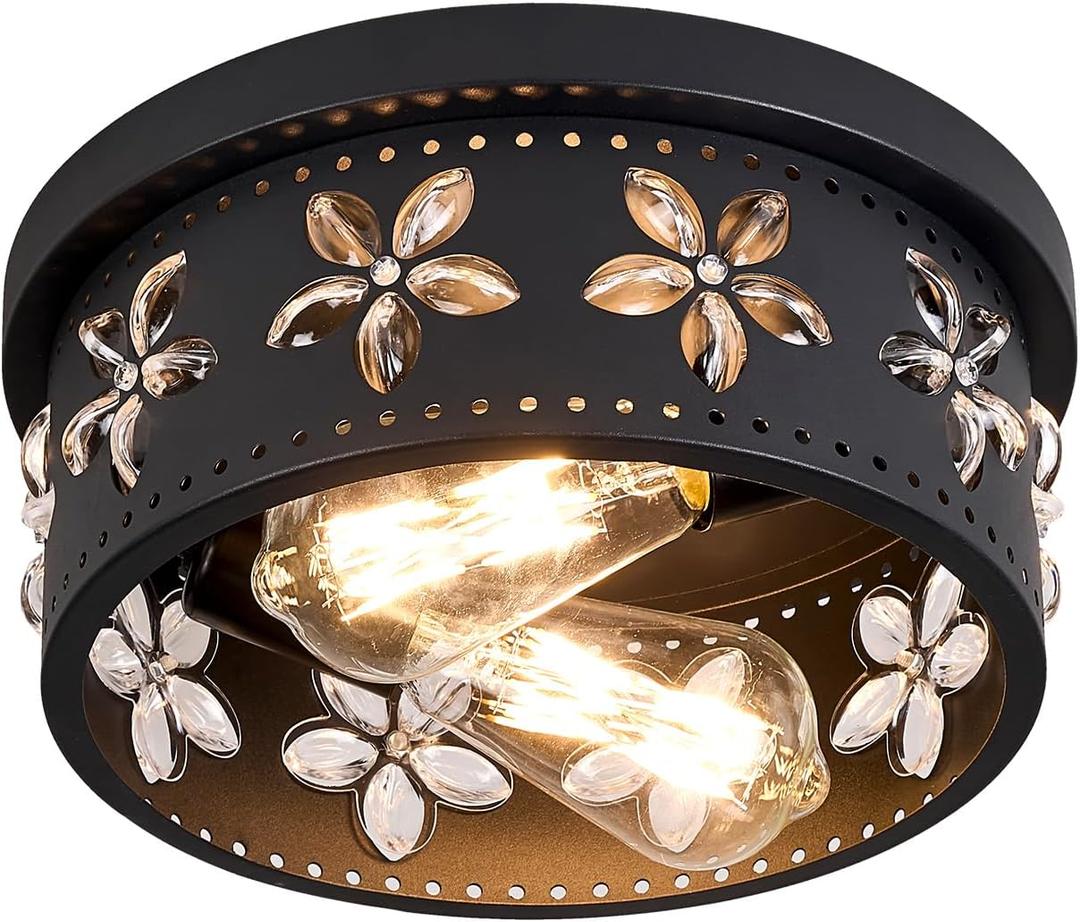 10.6 inch Black Flush Mount Ceiling Light Fixtures, 2-Light Ceiling Mount for Industrial, Crystal Light Fixtures for Farmhouse, Bedroom, Living Room, Kitchen, Hallway and Foyer (1 Pack)