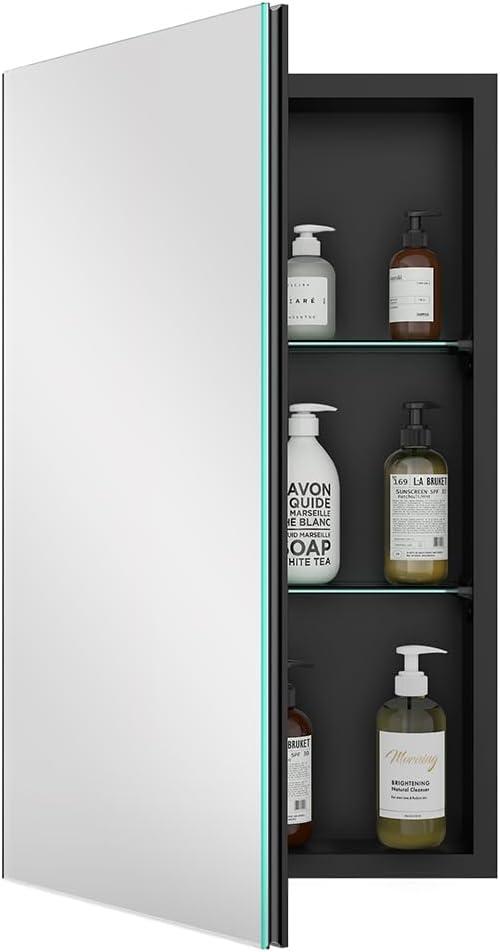 Quavikey Bathroom Medicine Cabinet with Mirror, Aluminum Surface Mount or Recessed Medicine Cabinet Mirror 16x26 Inch, Black