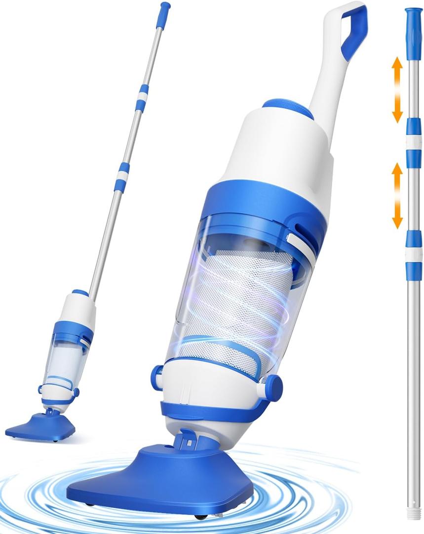 Cordless Pool Vacuum for Inground & Above Ground Pools: 23.8 GPM Powerful Stable Suction, Telescopic Pole up to 90.6", 60-Min Runtime, Extra-Large Filter & Rechargeable Pool Cleaner for Spas/Hot Tubs