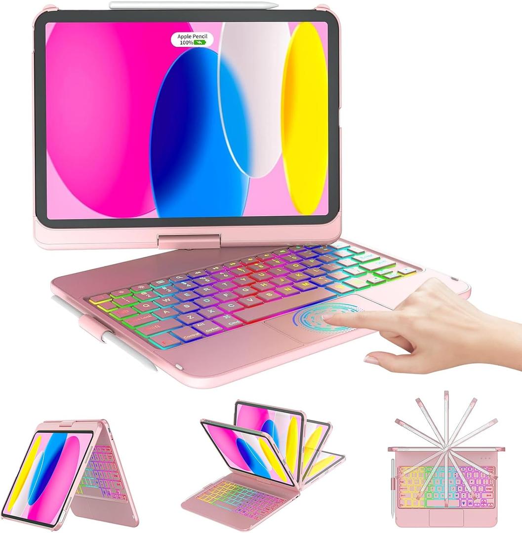 CC Store for iPad (A16) 11th 10th Generation Case with Keyboard - 7 Color Backlit 360 Swivel Multi-Touch Track Pencil Holde for iPad 11-inch A16 2025 10th Gen 10.9 Inch 2022(Rose Gold)