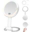 Portable Travel Makeup Mirror with Lights - 3 Color Dimmable Lighting, 360 Rotation, Rechargeable Double-Sided 1X/10X Magnifying Mirror, Adjustable Brightness for Tabletop, Home & On-the-Go Use (White)