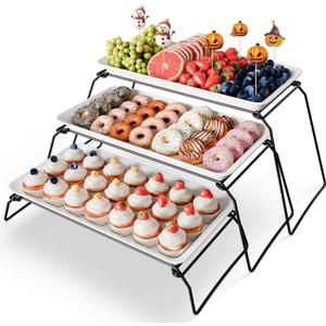 Bumusty Extra Large 3-Tier Melamine Serving Tray Set and Cupcake Stand for Party Events, 17" Platters with Tiered Stand, Holds 63 Cupcakes, Food, Dessert, and Fruit  Black