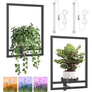Frame Wall Plant Holder with Grow Light, Metal Indoor Wall Planters Holders Frame Shelves Plant Picture Frames Wall Decor for Living Room Home Bedroom Office 2 Pack