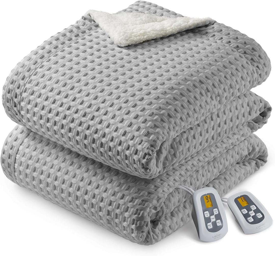 CAROMIO Heated Blanket Queen Size with LCD Dual Controller, Waffle Weave Fast Heating Electric Blankets, 10 Heat Levels & 1-12H Time Settings, ETL Certified, Machine Washable, Grey, 84" x 90"