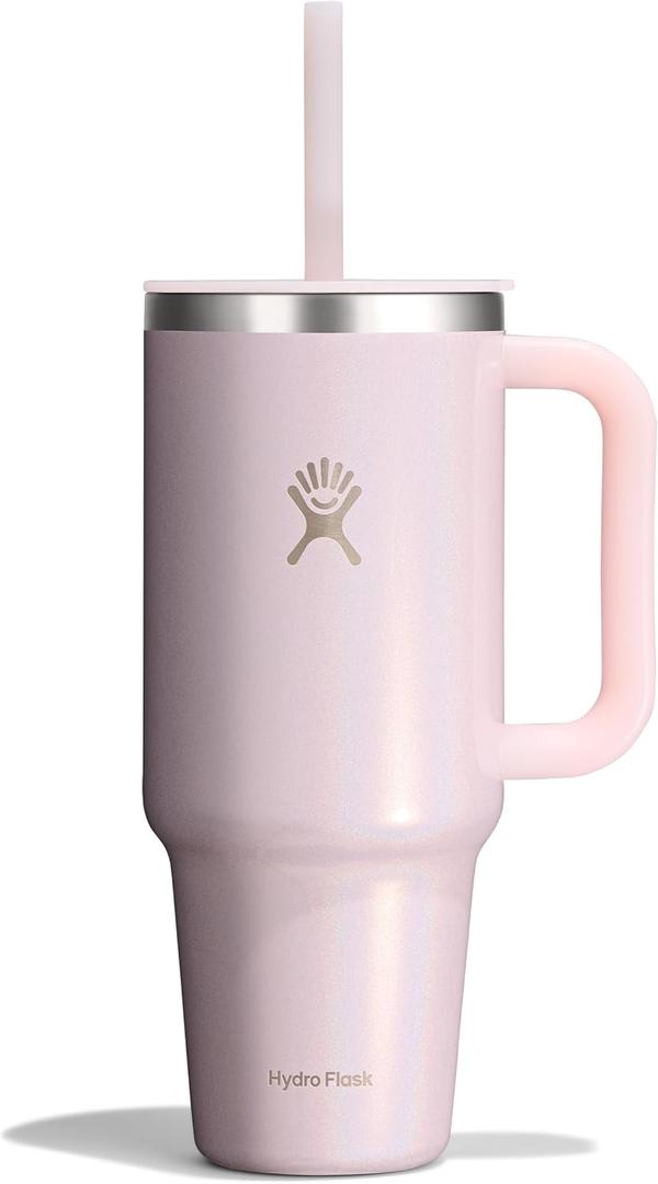 Hydro Flask Travel Tumbler with Handle, Lid and Straw - Insulated Stainless Steel in 40 Oz Glimmer Pink