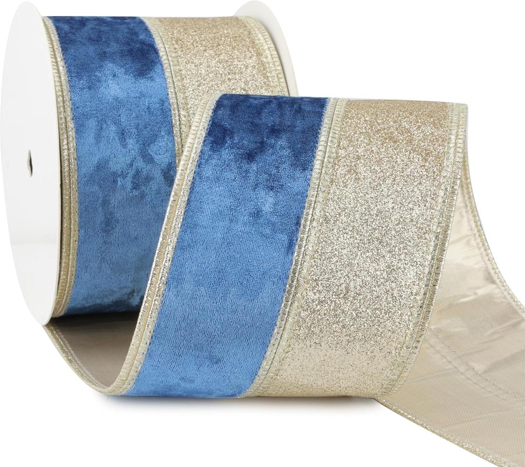 Navy Blue Velvet Wired Christmas Ribbon 4 Inch Extra Wide Thick Blue and Gold Glitter Holiday Ribbon  10-Yards Roll for Tree Decorations, Gift Wrapping, Wreaths, and DIY Crafts