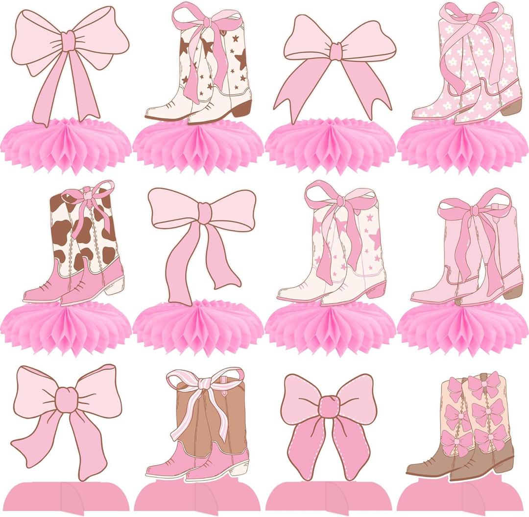 Cowgirl Boost and Bows Honeycomb Centerpiece 13pCS Coquette Bow Cowgirl Party Decorations Pink Western Bow and Boots Table Centerpieces for Coquette Cowgirl Birthday Baby Shower Supplies