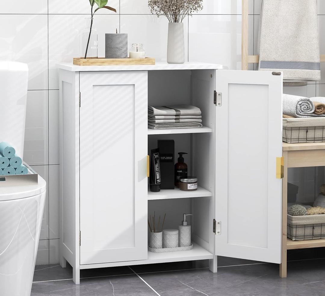 TaoHFE White Bathroom Storage Cabinet with 2 Doors, Freestanding - Towel Cabinet for Restroom, Small Storage for Office, Restaurant, Living Room (White)