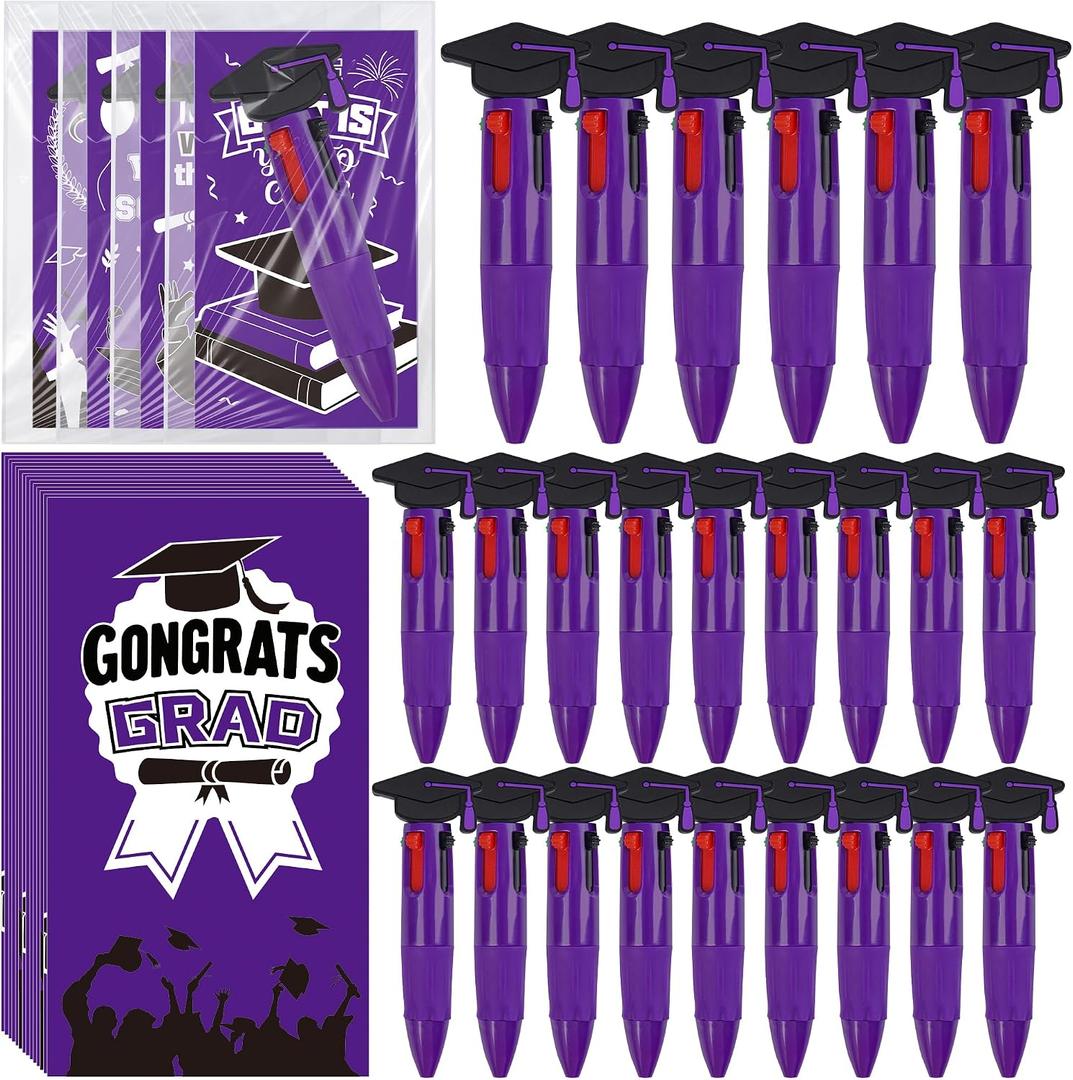LiYiQ 24 Sets Graduation 4-in-1 Ballpoint Pens with Positive Cards Exchange Gifts Bulk Graduation Party Favors Grad Gifts for College Congrats Grad Prizes Goodie Bags Stuffers (Purple)