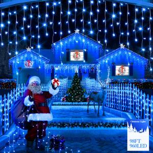 98FT 960 LED Christmas Lights, Waterproof 8 Modes Ice Lights for Outside with Memory and Timer Hanging Fairy Lights Plug-in Curtain String Lights for Holiday Party Wedding Home (Blue)