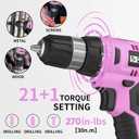 FADAKWALT Cordless Drill Set, 20V Electric Power Drill With Battery And Charger, 30N Torque, 21+1 Settings, 3/8-Inch Keyless Chuck, Driver Bits Kit, LED Light (Pink)