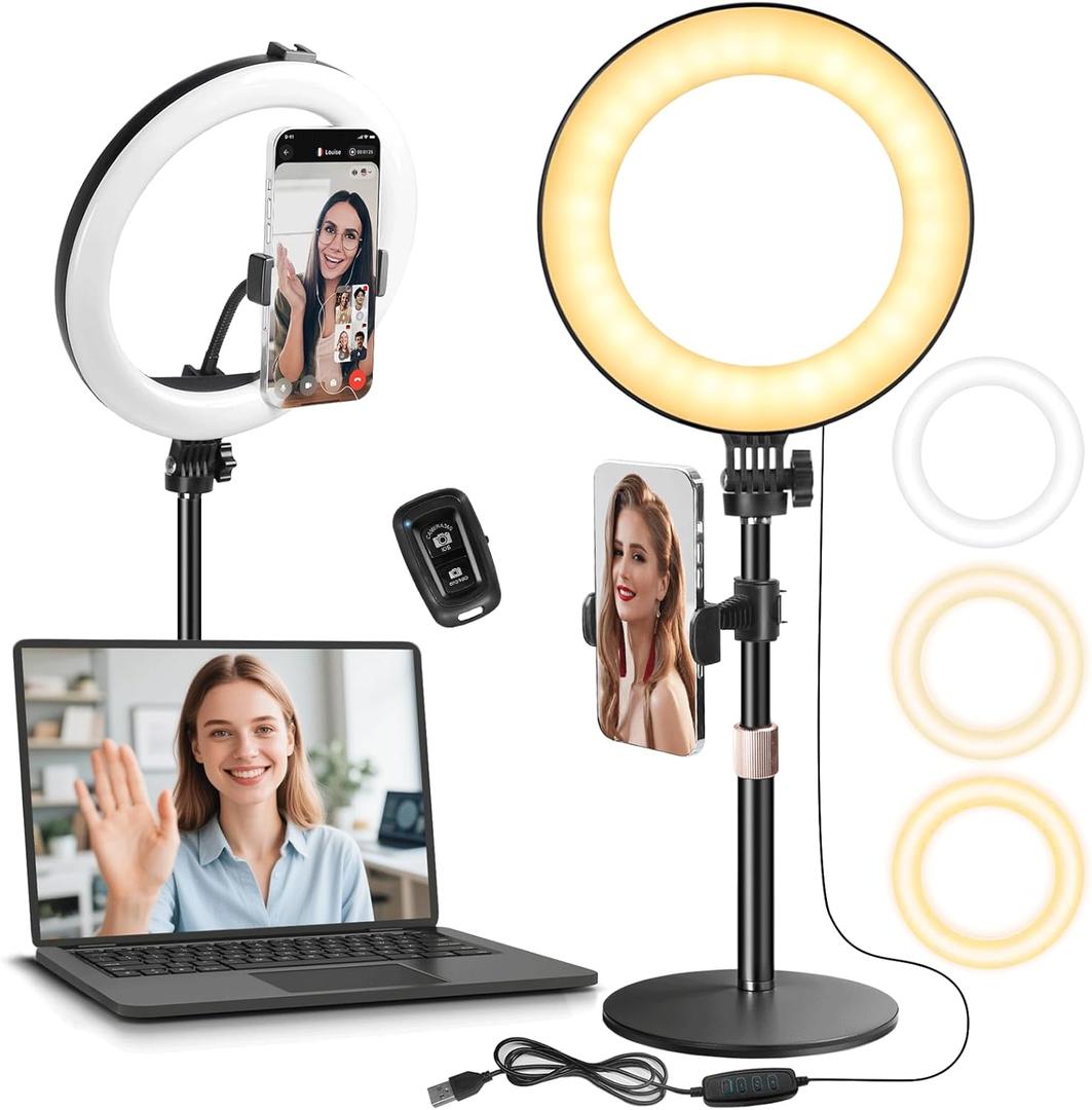 MACTREM 10 Desk Ring Light with Stand, Desktop LED Circle Halo Light with Phone Holder for Computer Zoom Meeting, Laptop Light for Conference Video Calls, Live Streaming, Podcast, Selfie, Makeup (Black)