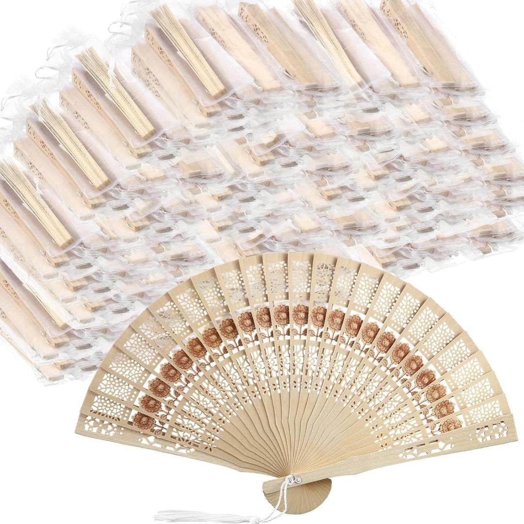 Bucherry 100 Pieces Sandalwood Fan Wooden Folding Fan with Gift Bags and Tassels Sunflower Hand Fans for Weddings Birthday Christmas Baby Shower Party Favors Supplies
