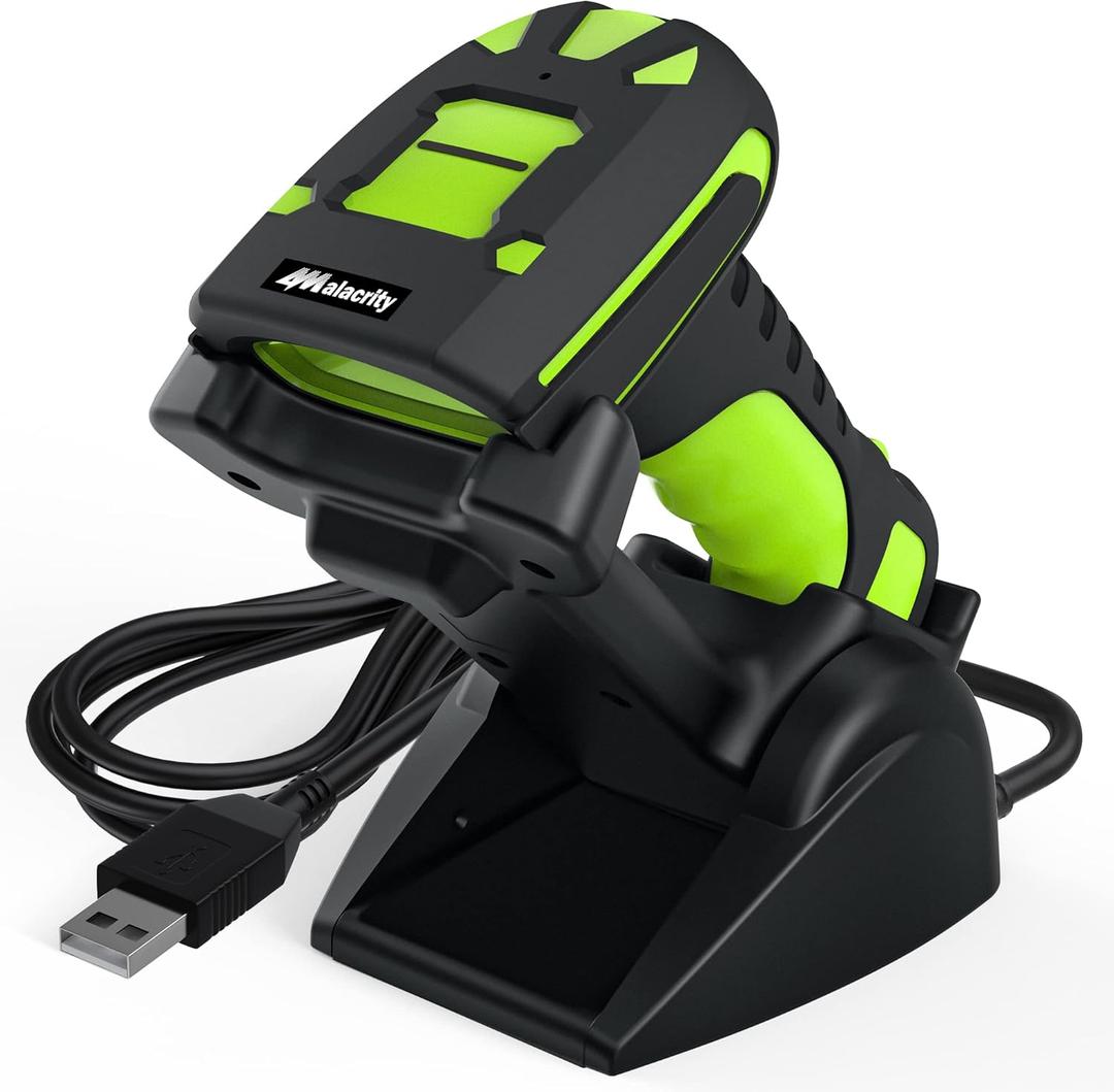 Alacrity 2D Industrial Wireless Barcode Scanner with Charging Stand, Bluetooth Drop Resistant, 1968 Feet Transmission Distance 433Mhz QR 1D Bar Code Reader (Green)