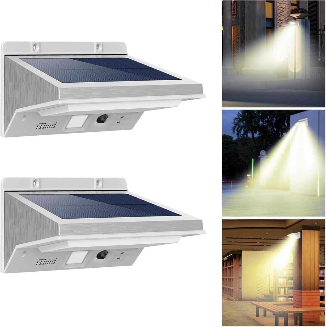 iThird Solar Flood Lights Outdoor Motion Sensor: Stainless Steel Motion Sensor Lights Outdoor Waterproof Solar Security Lights for Yard Patio Garage Porch 3 Modes Flood Light 2Pack(Warm)