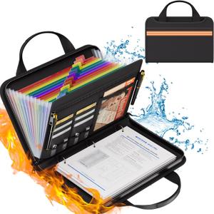 Fireproof Accordion File Organizer with Binder, 1 Inch D Rings Hold up 225 Sheets of 8.5" x 11", 13 Pocket Colorful Expanding File Folder with Zipper & Labels, Portable Travel Safe Storage (Letter Size)