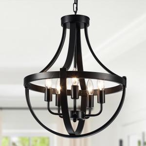 CWarmozy 16.5" Black Rustic Chandelier for Dining Room Adjustable 5-Light Farmhouse Pendant Light Fixture for Kitchen Island Entryway Foyer Bedroom Hallway