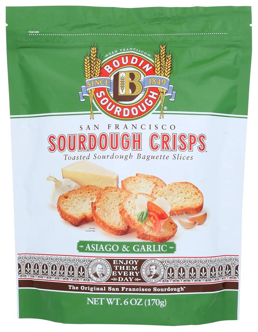 Boudin Sourdough, Crisps Sourdough San Francisco Asiago & Garlic, 6 Ounce (EXP 03/03/26)