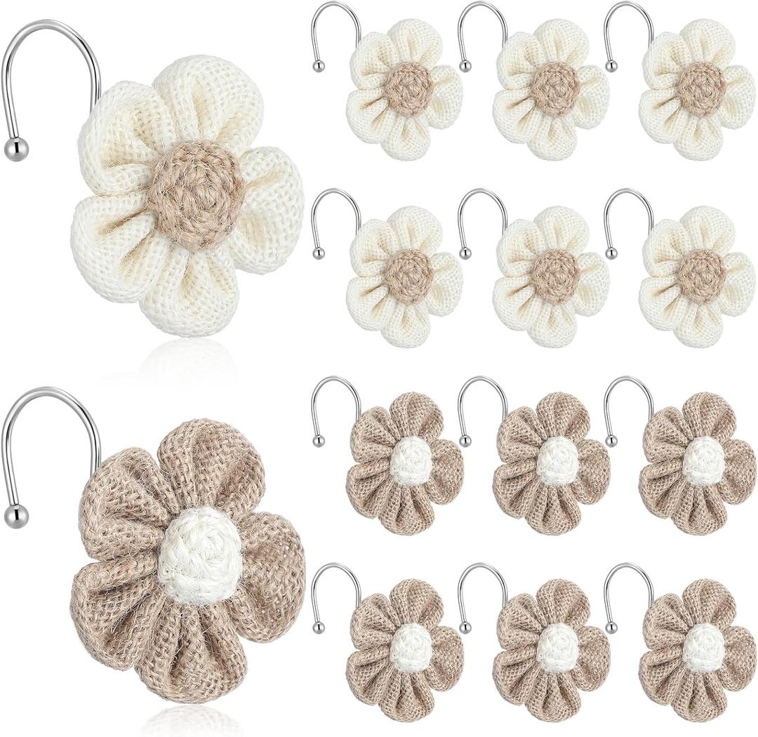 Frienda 12 Pcs Boho Flower Curtain Shower Hooks for Bathroom Cream Khaki Sunflower Curtain Hooks Farmhouse Curtains Hangers Accessories Simple Elegant Home Decorative Neutral Bathroom Decor