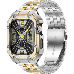 MioHHR Stainless Steel Watch Case with Bands Compatible with Apple Watch Band 44mm 42mm (Series 3/2/1), Metal Cover Bumper with iWatch Bands for Apple Watch Series 6/5/4/3/2/1,SE 3/2/1, Silver/Gold
