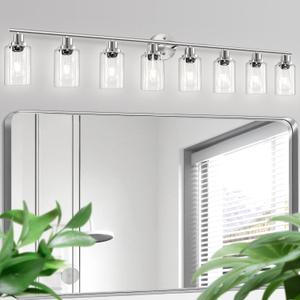 8-Light Brushed Nickel Vanity Lights, Modern Bathroom Light Fixtures with Clear Glass Shade, Wall Lamps for Mirror Kitchen Hallway Cabinet Living Room Sconces Lights - E26