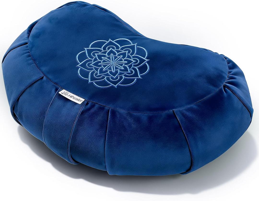 Hihealer Premium Crescent Meditation Cushion, Ergonomic Buckwheat Hull Floor Pillow for Adults, Comfortable Yoga Bolster for Meditation & Floor Sitting (Blue)