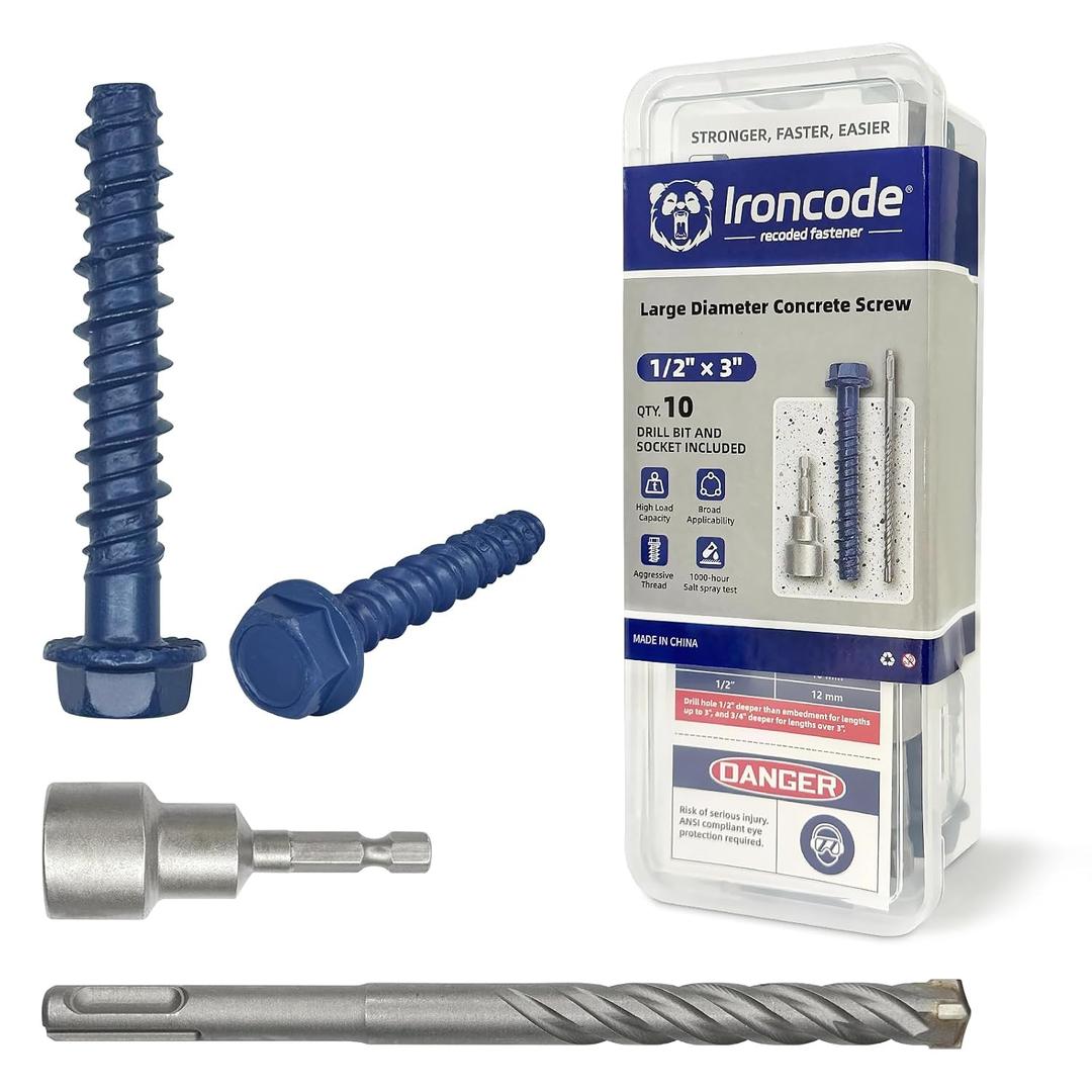 1/2 x 3 Concrete Screw Anchor with Drill Bit & Hex Driver | Heavy-Duty, Superior Corrosion Resistant Blue Coated Fasteners for Anchoring Heavy Fixtures 10pcs/Box
