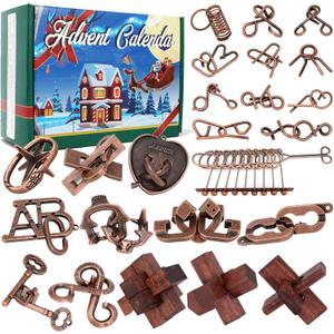 Advent Calendar 2025, Christmas Countdown Calendar Gift Box with 24 Brain Teaser Puzzles, 24 Days Metal & Wood Brain Teaser Puzzles Xmas Countdown Calendar Challenge for Adults Teens Boys Girls (gold)