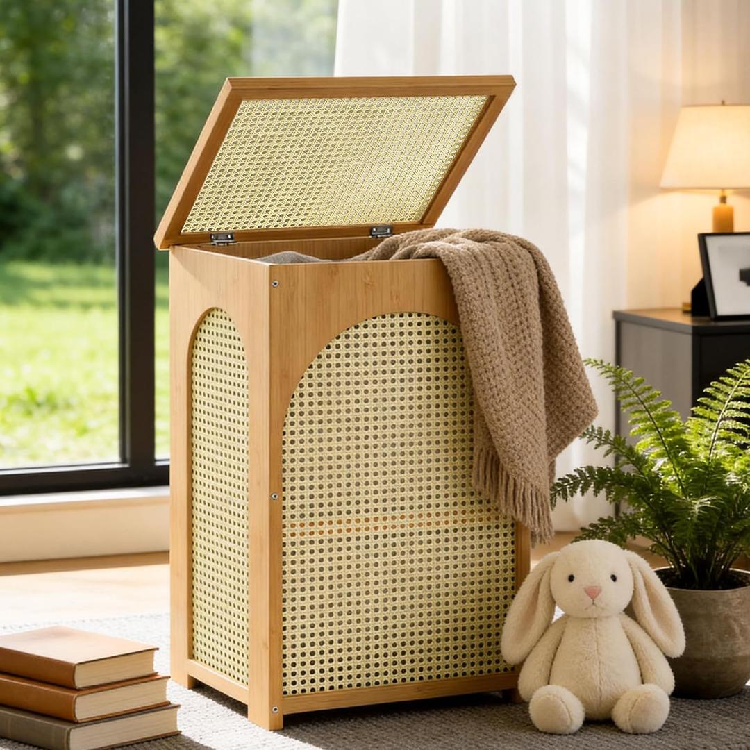 oakvivo Bamboo Laundry Hamper with Lid, 16.9" x 13.4" x 26.8" Wooden Clothes Basket with Removable Liner Bag, Space-Saving Laundry Sorter for Bathroom, Bedroom, and Laundry Room (Natural)